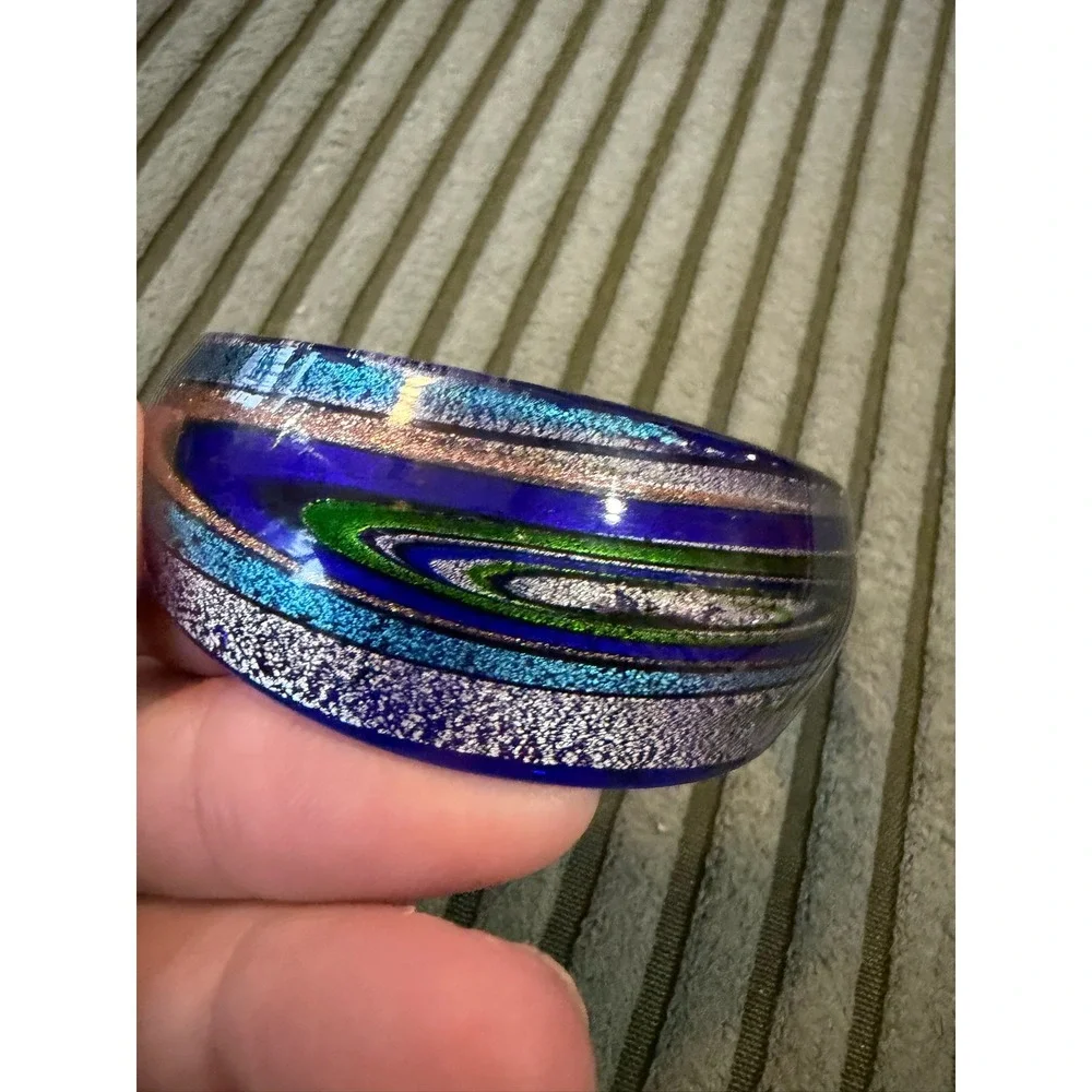 Dichroic Art Glass Cuff Bracelet Cobalt Blue Silver Swirl Murano Style Handblown